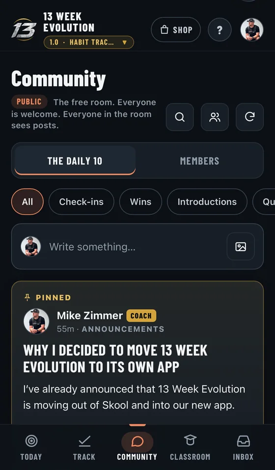 The COMMUNITY screen: The Daily 10 and Members rooms, category filters, a post box, and a pinned announcement from Coach Mike Zimmer.