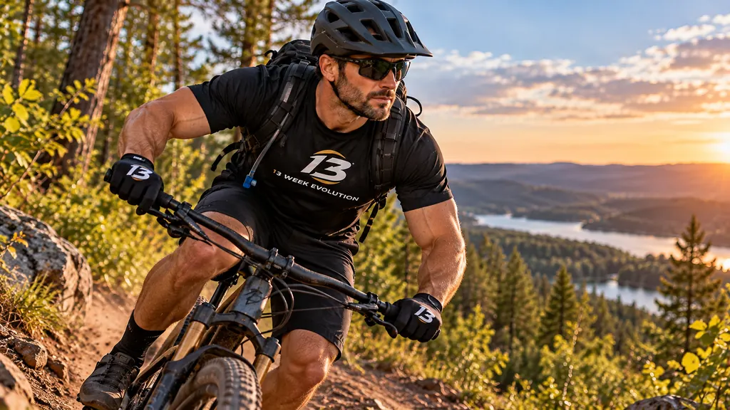 A man in a 13 Week Evolution shirt riding a mountain bike down a forest trail at sunset, a lake in the valley below.