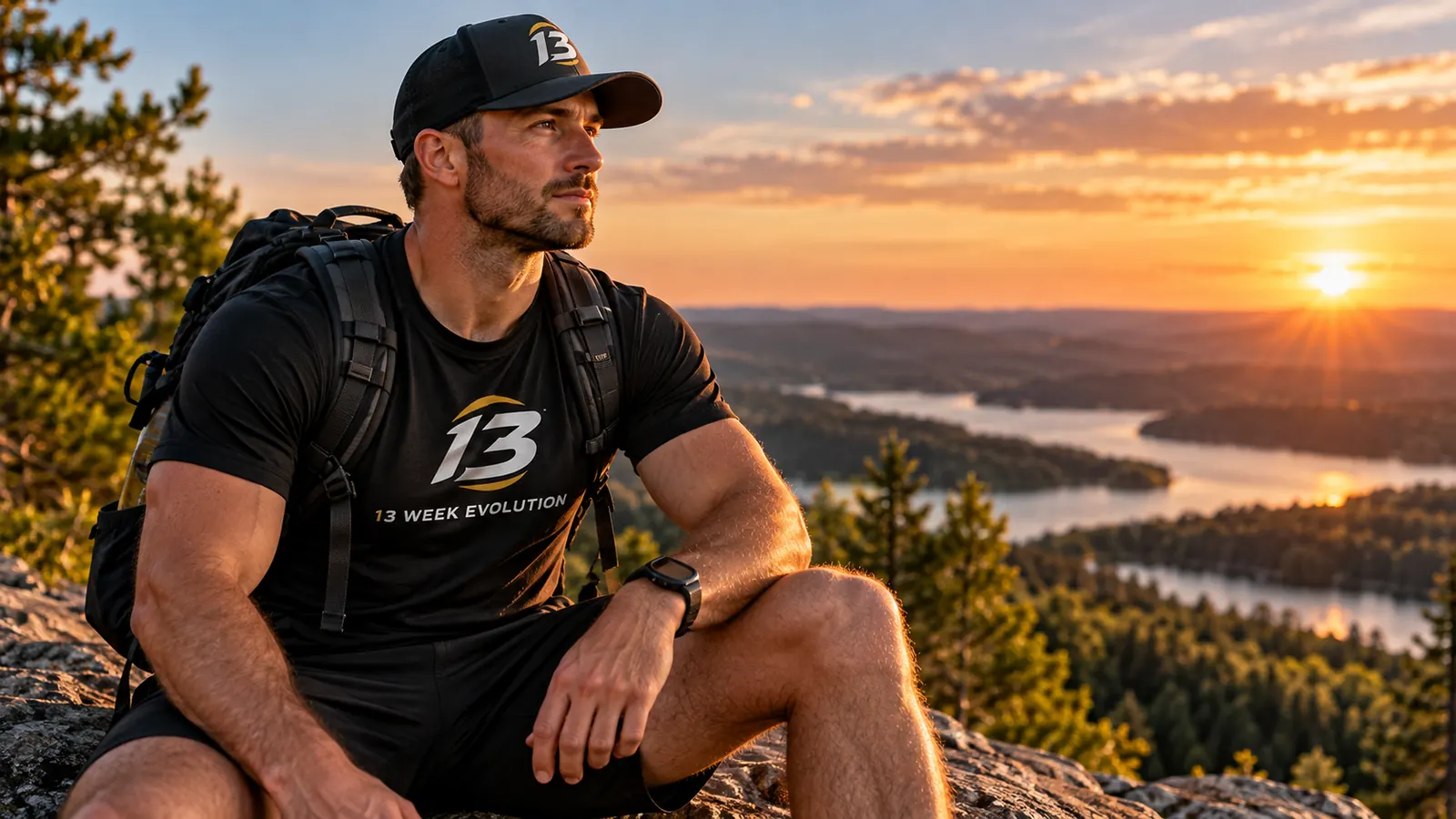 A man in a 13 Week Evolution shirt and cap sitting on a rocky summit at sunset, looking out over a valley of lakes.